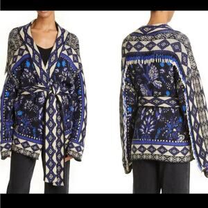 FARM Rio Macaw Forest Beaded Fringe Tie-Belt Cardigan Sweater M